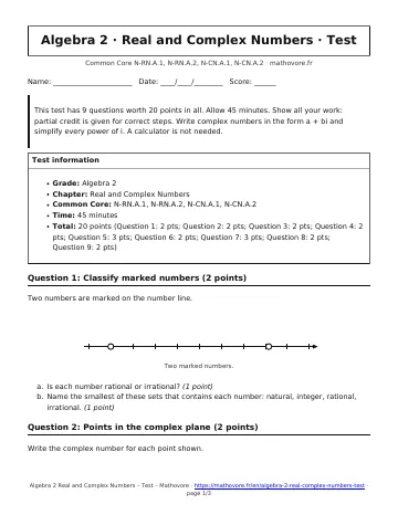 Page 1 of the Algebra 2 Real and Complex Numbers test PDF