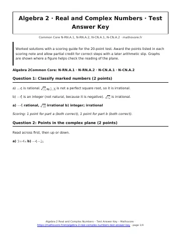 Page 1 of the Algebra 2 Real and Complex Numbers test answer key PDF