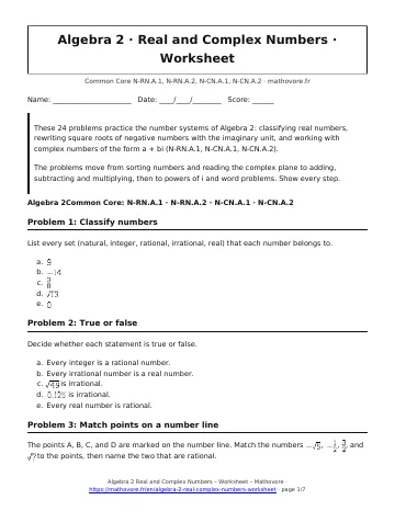 Page 1 of the Algebra 2 Real and Complex Numbers worksheet PDF