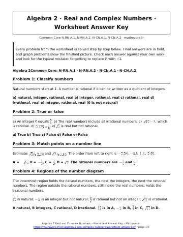 Page 1 of the Algebra 2 Real and Complex Numbers worksheet answer key PDF