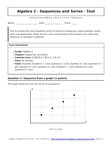 Page 1 of the Algebra 2 Sequences and Series test PDF