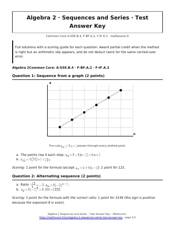 Page 1 of the Algebra 2 Sequences and Series test answer key PDF