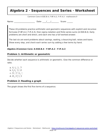 Page 1 of the Algebra 2 Sequences and Series worksheet PDF