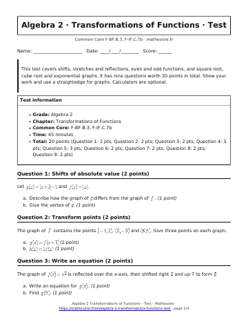 Page 1 of the Algebra 2 Transformations of Functions test PDF