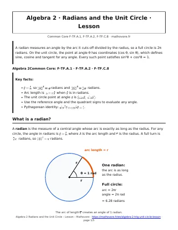 Page 1 of the Algebra 2 Radians and the Unit Circle lesson PDF
