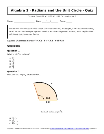 Page 1 of the Algebra 2 Radians and the Unit Circle quiz PDF