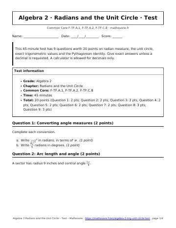 Page 1 of the Algebra 2 Radians and the Unit Circle test PDF