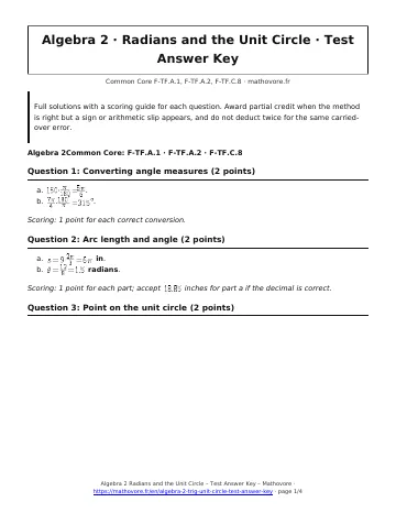 Page 1 of the Algebra 2 Radians and the Unit Circle test answer key PDF