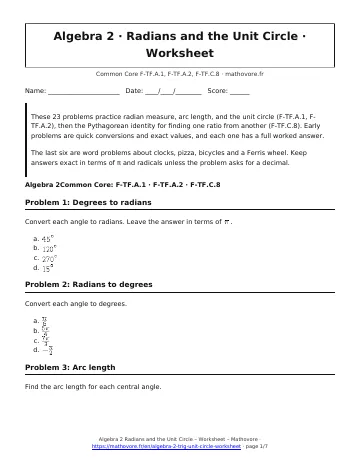 Page 1 of the Algebra 2 Radians and the Unit Circle worksheet PDF