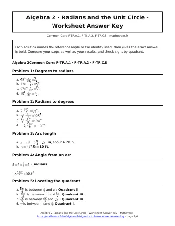 Page 1 of the Algebra 2 Radians and the Unit Circle worksheet answer key PDF