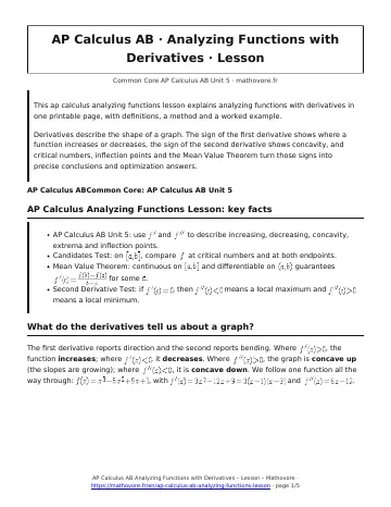 Page 1 of the AP Calculus AB Analyzing Functions with Derivatives lesson PDF