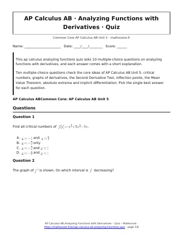 Page 1 of the AP Calculus AB Analyzing Functions with Derivatives quiz PDF