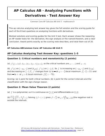 Page 1 of the AP Calculus AB Analyzing Functions with Derivatives test answer key PDF