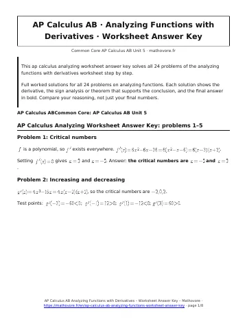 Page 1 of the AP Calculus AB Analyzing Functions with Derivatives worksheet answer key PDF