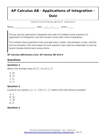 Page 1 of the AP Calculus AB Applications of Integration quiz PDF