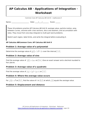 Page 1 of the AP Calculus AB Applications of Integration worksheet PDF