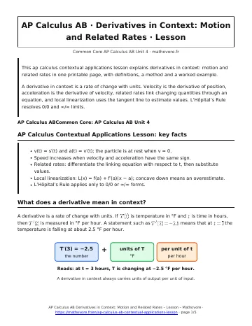 Page 1 of the AP Calculus AB Derivatives in Context: Motion and Related Rates lesson PDF