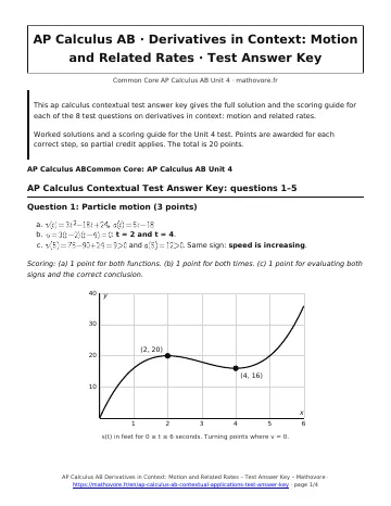 Page 1 of the AP Calculus AB Derivatives in Context: Motion and Related Rates test answer key PDF