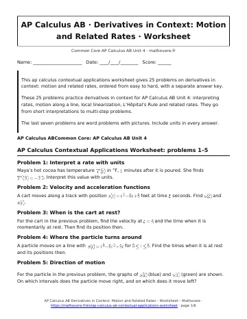 Page 1 of the AP Calculus AB Derivatives in Context: Motion and Related Rates worksheet PDF
