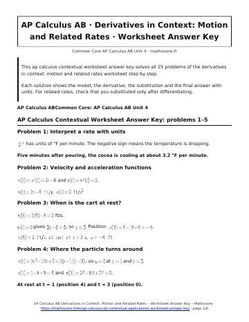Page 1 of the AP Calculus AB Derivatives in Context: Motion and Related Rates worksheet answer key PDF
