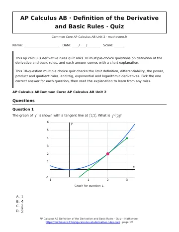 Page 1 of the AP Calculus AB Definition of the Derivative and Basic Rules quiz PDF