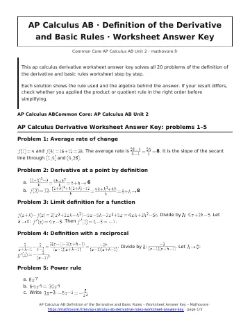 Page 1 of the AP Calculus AB Definition of the Derivative and Basic Rules worksheet answer key PDF