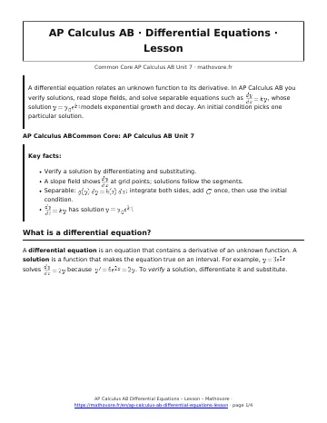 Page 1 of the AP Calculus AB Differential Equations lesson PDF