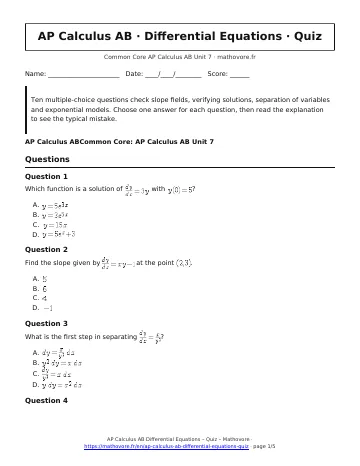 Page 1 of the AP Calculus AB Differential Equations quiz PDF
