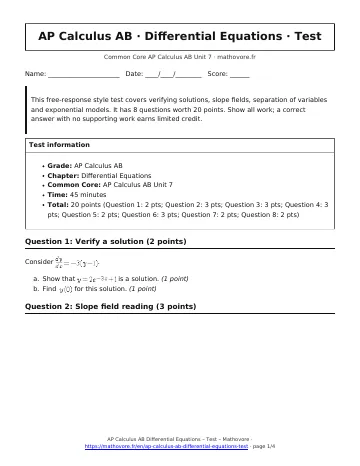 Page 1 of the AP Calculus AB Differential Equations test PDF