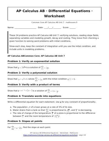 Page 1 of the AP Calculus AB Differential Equations worksheet PDF