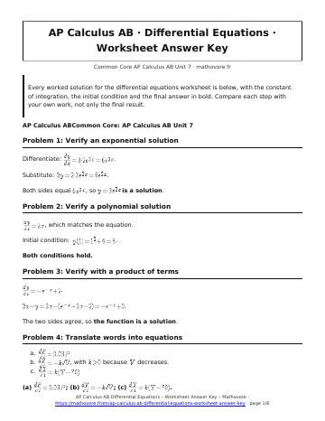 Page 1 of the AP Calculus AB Differential Equations worksheet answer key PDF
