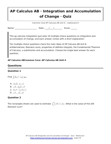 Page 1 of the AP Calculus AB Integration and Accumulation of Change quiz PDF