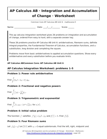 Page 1 of the AP Calculus AB Integration and Accumulation of Change worksheet PDF