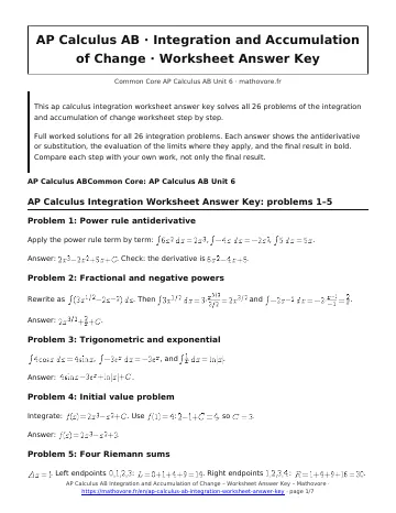 Page 1 of the AP Calculus AB Integration and Accumulation of Change worksheet answer key PDF
