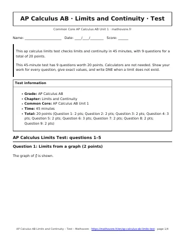 Page 1 of the AP Calculus AB Limits and Continuity test PDF