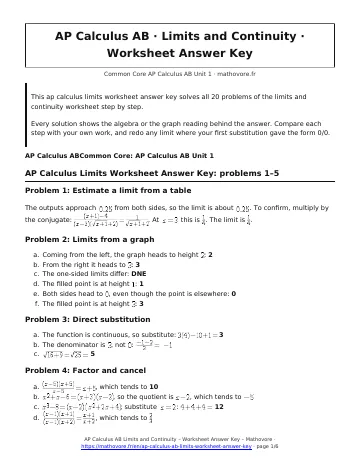 Page 1 of the AP Calculus AB Limits and Continuity worksheet answer key PDF