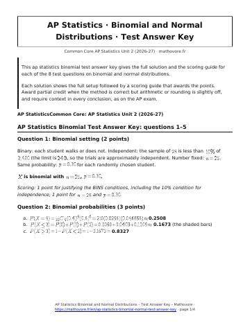 Page 1 of the AP Statistics Binomial and Normal Distributions test answer key PDF