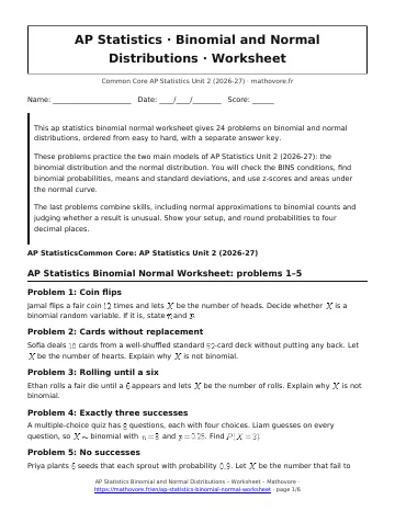 Page 1 of the AP Statistics Binomial and Normal Distributions worksheet PDF