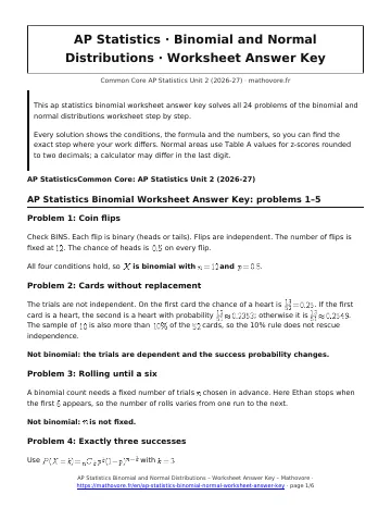 Page 1 of the AP Statistics Binomial and Normal Distributions worksheet answer key PDF