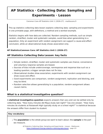 Page 1 of the AP Statistics Collecting Data: Sampling and Experiments lesson PDF