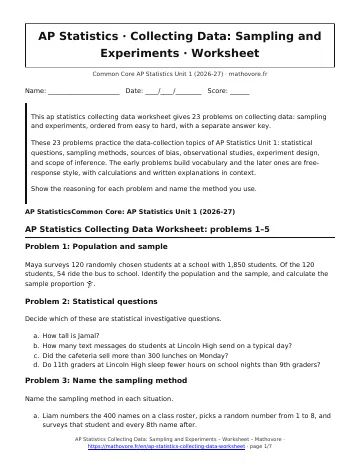 Page 1 of the AP Statistics Collecting Data: Sampling and Experiments worksheet PDF