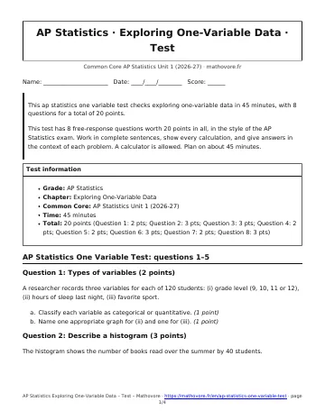 Page 1 of the AP Statistics Exploring One-Variable Data test PDF