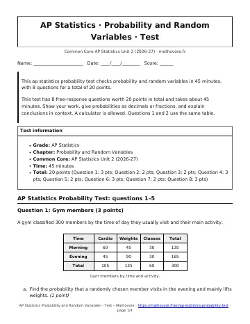 Page 1 of the AP Statistics Probability and Random Variables test PDF
