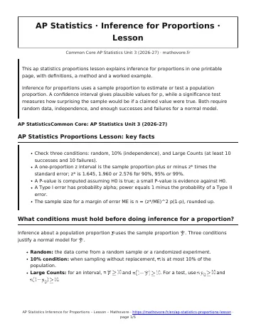 Page 1 of the AP Statistics Inference for Proportions lesson PDF