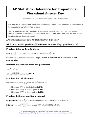 Page 1 of the AP Statistics Inference for Proportions worksheet answer key PDF
