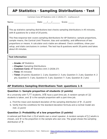 Page 1 of the AP Statistics Sampling Distributions test PDF