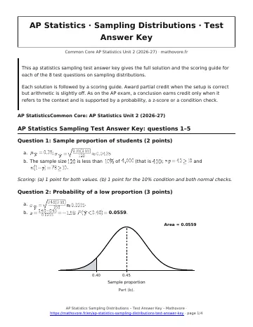 Page 1 of the AP Statistics Sampling Distributions test answer key PDF