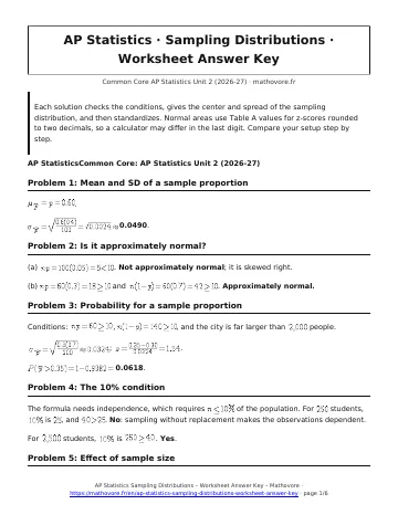 Page 1 of the AP Statistics Sampling Distributions worksheet answer key PDF