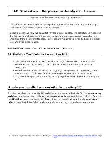 Page 1 of the AP Statistics Regression Analysis lesson PDF