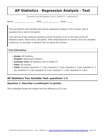 Page 1 of the AP Statistics Regression Analysis test PDF